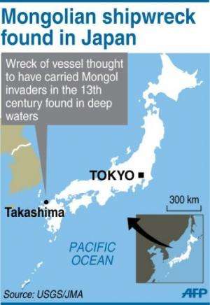 Map of Japan locating Takashima, where archeologists found a shipwreck believed to have carried Mongolian invaders