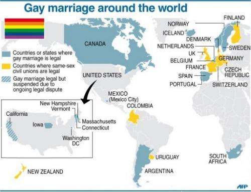 Map showing countries where gay marriage is legal.