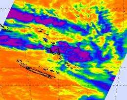NASA infrared satellite data sees system 96P developing tropically near Vanuatu