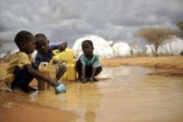 Somali boys fetch water from a puddle that formed after rain at the Dadaab refugee complex in Kenya