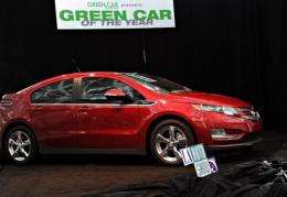 The Chevrolet Volt is shown after being named "Green Car of the Year" at the LA Auto Show in 2010
