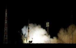 The Soyuz TMA-02M blasts off from the Russian-leased Baikonur cosmodrome