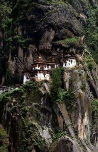 The Taktsang Monastery stands on a hillside near Paro, Bhutan