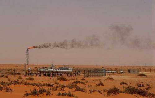 A flame from a Saudi Aramco oil installion is seen in the desert near the oil-rich area of Khouris in 2008