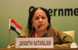 Indian Minister of Environment Jayanthi Natarajan addresses a press conference in New Delhi in 2011