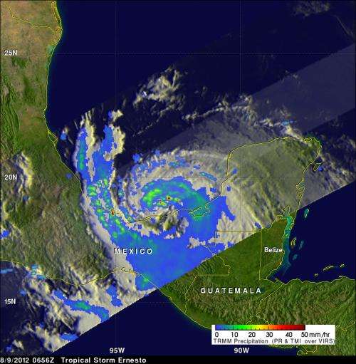NASA sees very heavy rainfall within Tropical Storm Ernesto