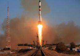 This file photo shows a Russian unmanned cargo spacecraft Progress M-13M blasting off from Baikonur