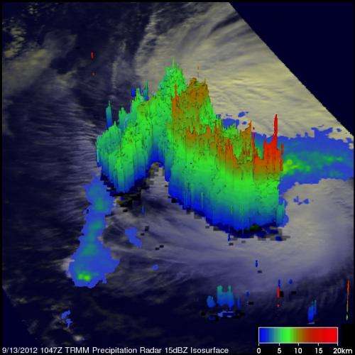 NASA's TRMM satellite sees Nadine still struggling to become a hurricane