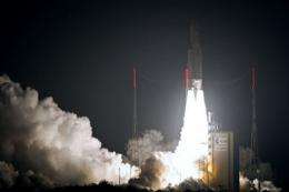 An Ariane-5 rocket blasts off on March 23 from the European space centre at Kourou, French Guiana