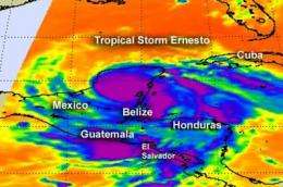 NASA sees heavy rainfall and high thunderstorms in Tropical Storm Ernesto