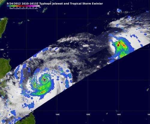 NASA sees very heavy rain in Super Typhoon Jelawat and heavy rain pushed from Ewinar's Center