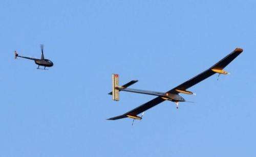 The Swiss-made solar-powered plane, Solar Impulse piloted by Bertrand Piccard, takes off