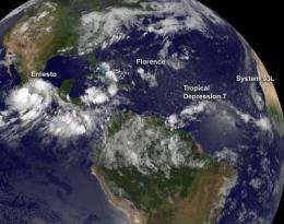 NASA sees tropical cyclones march across Atlantic: Ernesto, Florence, TD7, System 92L