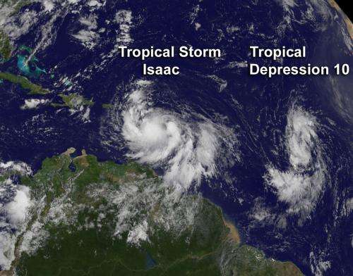 NASA sees Tropical Storm Isaac and Tropical Depression 10 racing in Atlantic