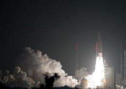 An Ariane-5 rocket blasts off from the European space centre at Kourou
