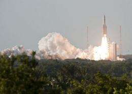 An Ariane-5 rocket blasts off from the European space centre at Kourou