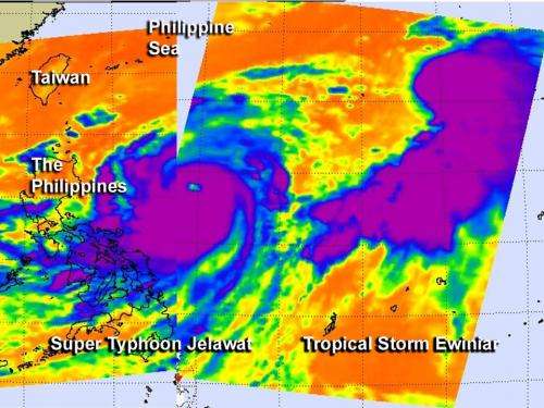 NASA infrared data compares Super Typhoon Jelawat with Tropical Storm Ewiniar