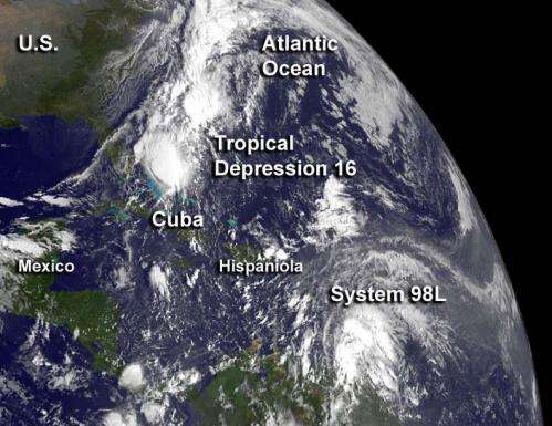 Satellite sees 16th Atlantic tropical depression born near Bahamas