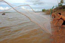 A Cambodian man throws his net into the Mekong river on the outskirts of Phnom Penh in 2011