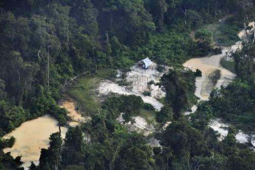 Aerial view of a clandestine gold mine in the Jamanxim National Forest, state of Para, in northern Brazil
