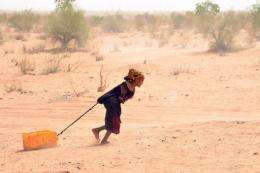 A Malian refugee pulls a jerry-can of water in Mauritania