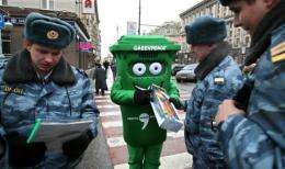 A man dressed as a dustbin at a Moscow protest over waste disposal