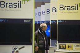 A man walks through the Brazil exhibition prior to the opening of the CeBIT IT fair on March 5
