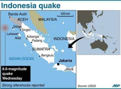 A map of Indonesia's Sumatra locating the 8.6-magnitude quake