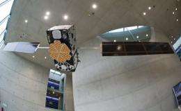 A model of the Galileo satellite hangs at the German Aerospace Center in Oberpfaffenhofen