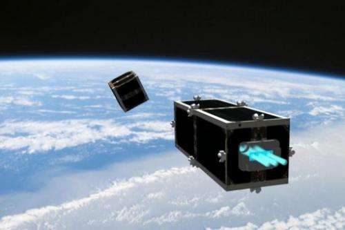 An artist's impression of a CleanSpace One satelite chasing a piece of debris