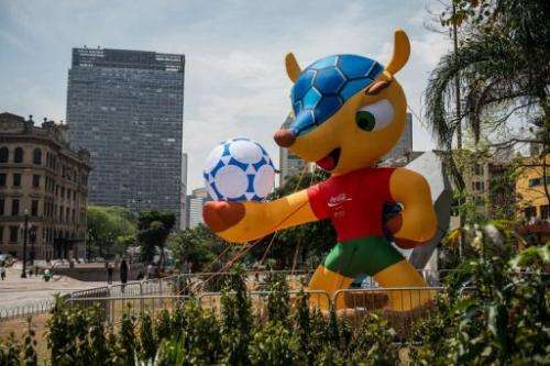 An inflatable mascot of the FIFA World Cup Brazil 2014, a "Tatu-bola" is displayed in Sao Paulo, Brazil, on September 24, 2012