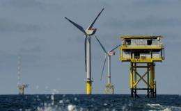 An offshore wind farm is pictured off the northern German Island of Borkum