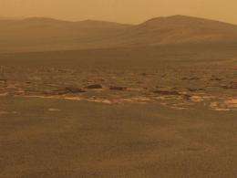 A part of the west rim of Endeavour Crater sweeps southward in this image from NASA's Mars Exploration Rover Opportunity