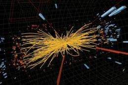 A proton-proton collision event measured in the Compact Muon Solenoid (CMS) experience in the search for the Higgs boson