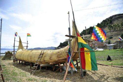 A reed boat (also known as a "Thunupa") is shown on on Suriqui island in Lake Titicaca, Bolivia, on December 2, 2012