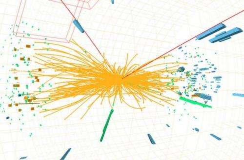 A representation of traces of a proton-proton collision measured in the search for the Higgs boson