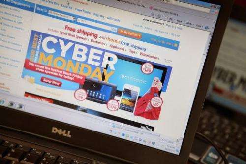 A retailer advertises Cyber Monday deals on their websites in Chicago, Illinois