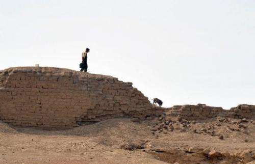 A security guard patrols within the perimeter of the Inca Sanctuary of Pachacamac ruin complex in 2010