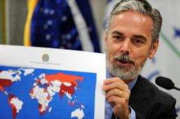 Brazilian Foreign minister Antonio Patriota shows a map as he speaks during a hearing on Rio+20 Summit on May 10