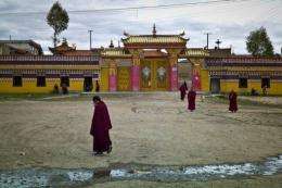 Buddhist monks outside a monastary in the town of Aba in China's Sichuan province