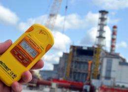 Dosimeter in front of the destroyed Chernobyl Power Plant on the 26th anniversary of Ukraine's nuclear disaster