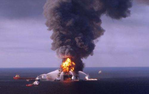 Fire boats battle the blazing remnants of the off-shore oil rig Deepwater Horizon April 21, 2010.
