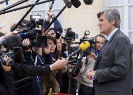 French Agriculture Minister, Stephane Le Foll (R), answers journalists' questions