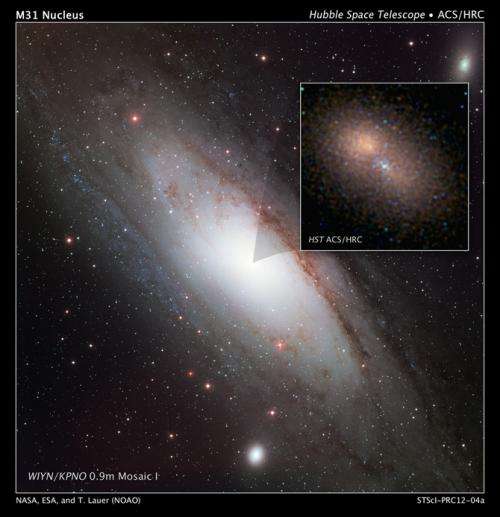Hubble zooms in on double nucleus in Andromeda galaxy
