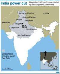 Map of India locating the nine states including the capital New Delhi, which were hit by a massive power cut on Monday
