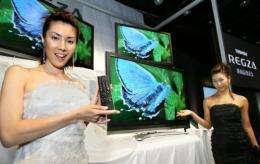 Models of Japan's Toshiba Corp. pose by LCD displays in 2006