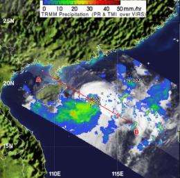 NASA reveals heaviest rainfall in Tropical Storm Talim's southwestern side