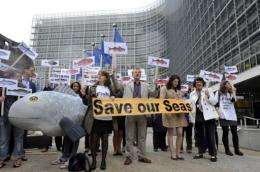 People demonstrate in 2011 in front of EU headquarters in Brussels in favor of restoring fish stocks