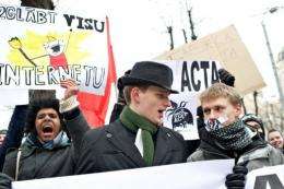 People protest against the ACTA in Riga, Latvia today