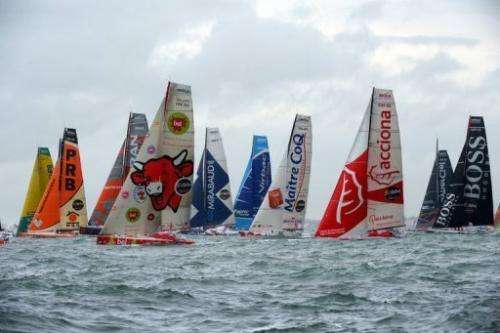 Skippers compete on board their monohulls at the start of the Vendee Globe